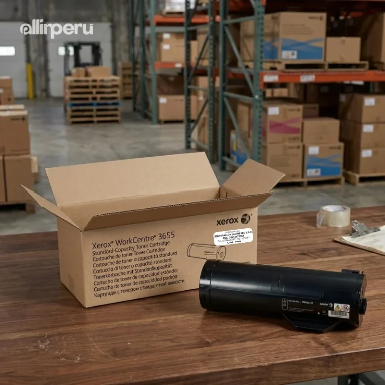 Foto de toner Xerox 106R02737 negro extraído de caja sobre escritorio de oficina