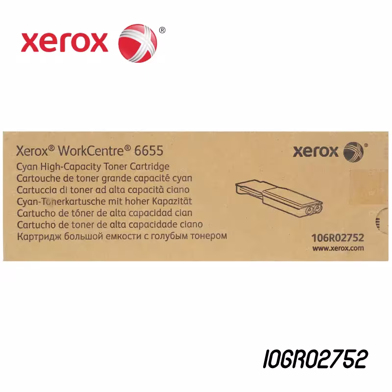 Foto de tóner Xerox 106R02752 Cyan caja original con etiqueta de seguridad