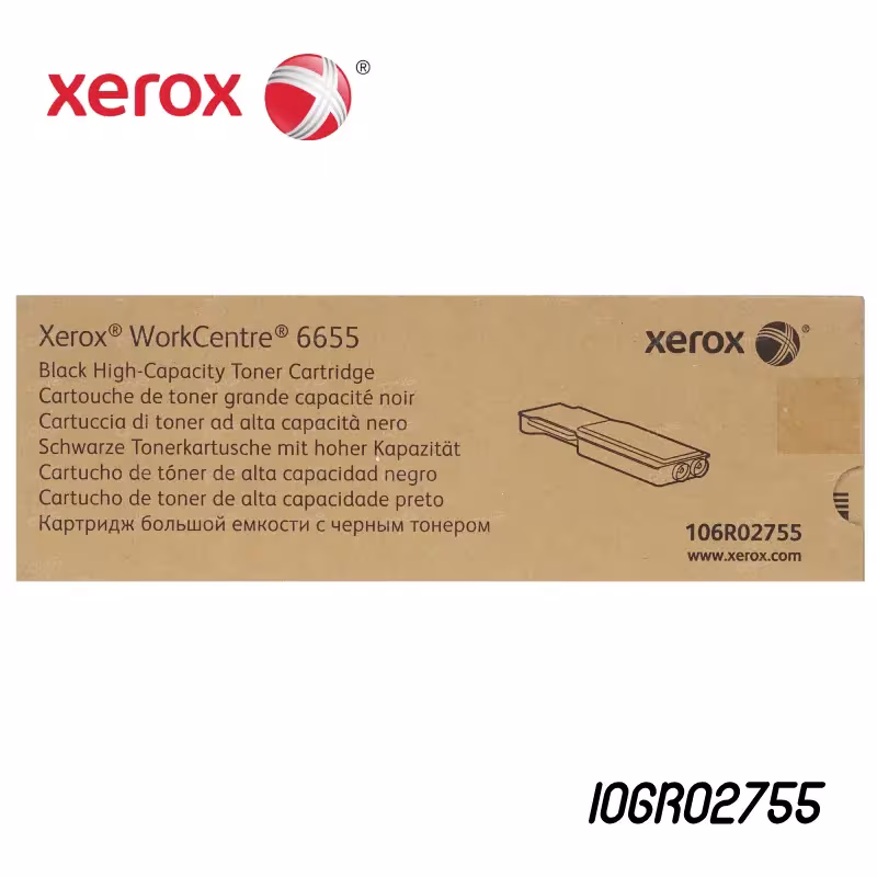 Foto de tóner Xerox 106R02755 negro original vista lateral con etiqueta de seguridad