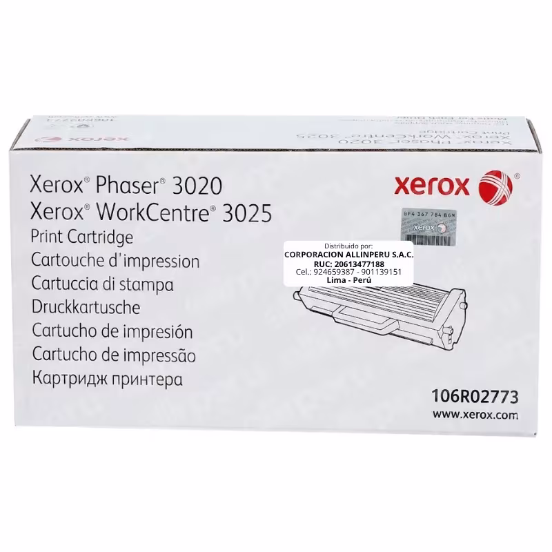 Foto de tóner original Xerox 106R02773 negro sobre fondo blanco, vista frontal