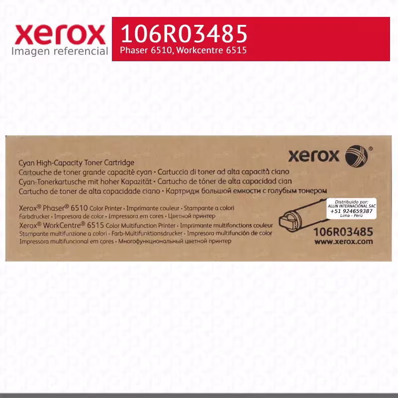 Tóner Xerox 106R03485 Cyan lateral con etiqueta de rendimiento 2400 páginas