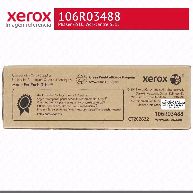 Tóner Xerox 106R03488 etiqueta con código SKU y rendimiento 5500 páginas