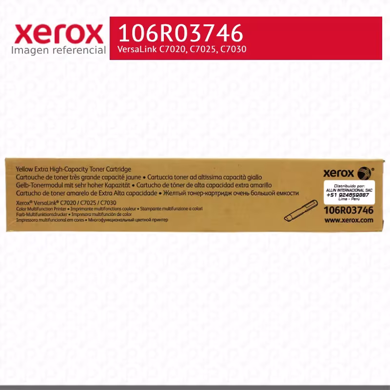 Cartucho tóner amarillo Xerox 106R03746 etiqueta lateral con SKU y rendimiento