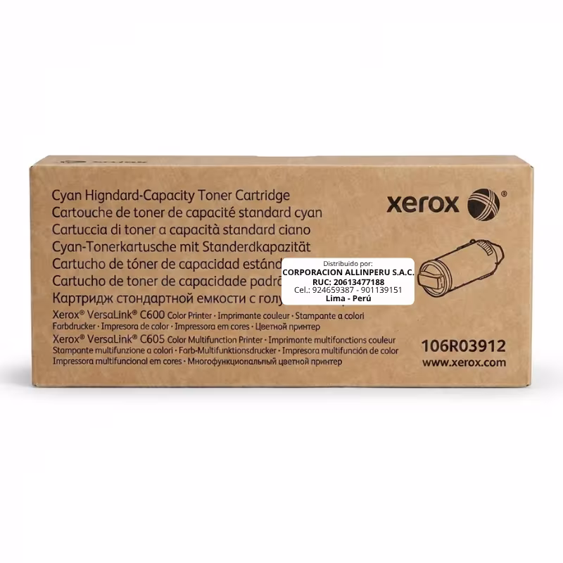 Tóner Xerox 106R03912 Cyan Original — Vista frontal Tóner Xerox 106R03912 Cyan original para VersaLink C600 C605 — caja sellada