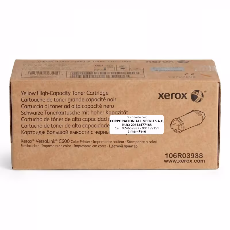 Tóner Xerox 106R03938 — Etiqueta con especificaciones Foto de tóner Xerox 106R03938 etiqueta lateral SKU y rendimiento 16800 páginas
