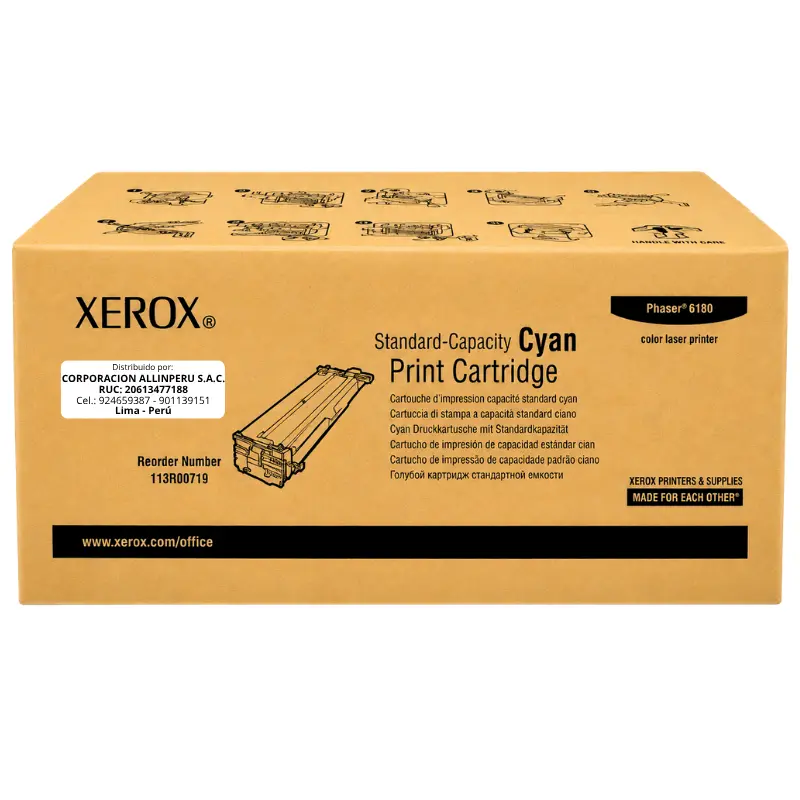 Tóner Xerox 113R00719 cian - Vista frontal Foto de tóner Xerox 113R00719 cian frontal con caja original