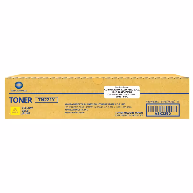 Toner Konica Minolta TN-221Y Yellow A8K3250 para Bizhub C227 Toner Konica Minolta TN-221Y Yellow A8K3250 para Bizhub C227