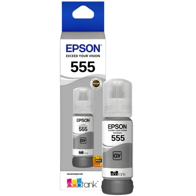 Foto de botella de tinta Epson T555520 Gris 70 ml vista frontal sellada