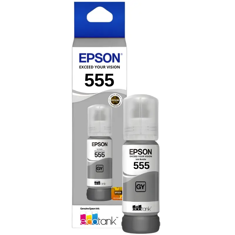 Foto de botella de tinta Epson T555520 Gris 70 ml vista frontal sellada