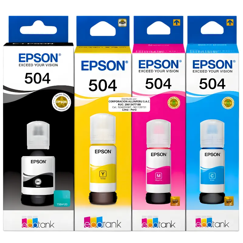 Kit 4 tintas Epson 504 original negro cyan magenta amarillo sobre fondo blanco