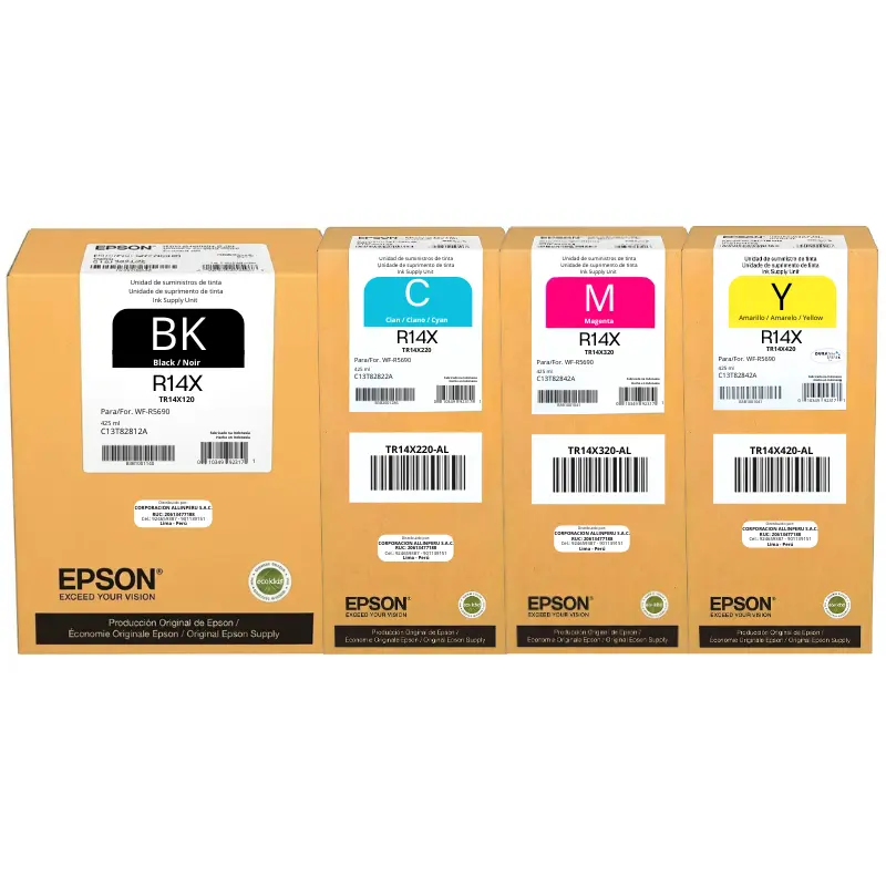 Foto de kit tinta Epson R14X 4 colores original sellado fondo blanco