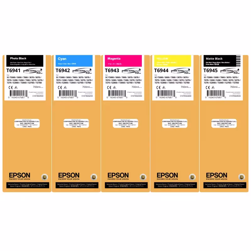 Kit Tinta Epson T694 — 5 botellas originales 700 ml vista frontal Kit tinta Epson T694 5 botellas 700 ml originales selladas UltraChrome XD