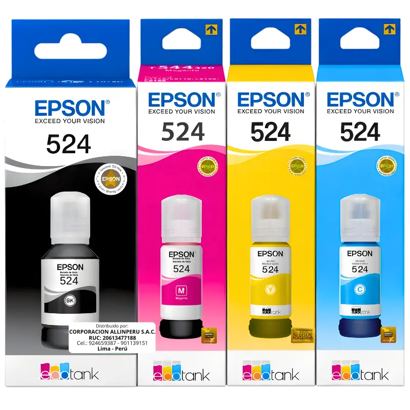 Kit tinta Epson T524 original cuatro colores sobre superficie blanca