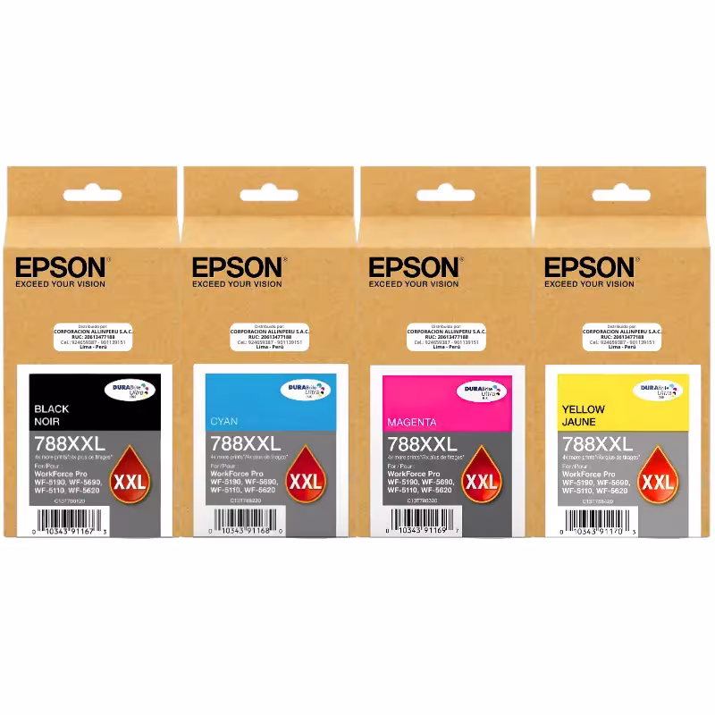 Kit de tinta Epson 788XXL negro y colores sobre fondo blanco