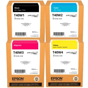 Kit tinta original Epson T40W cuatro colores negro cian magenta amarillo sobre fondo blanco