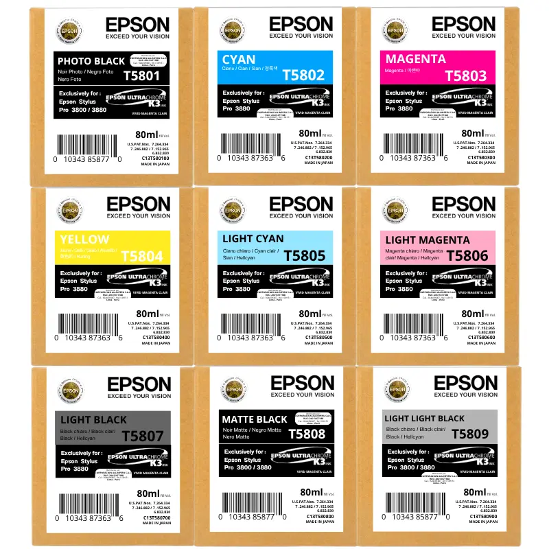 Kit completo 9 cartuchos tinta Epson T580 UltraChrome K3 original sellado