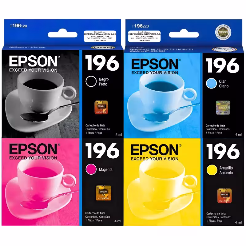 Pack tinta Epson T196 original 4 colores negro cian magenta amarillo sellados