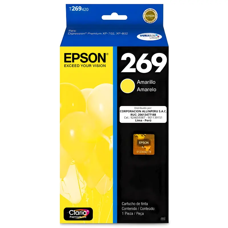 Cartucho tinta Epson T269420-AL Amarillo vista frontal sellado de fábrica