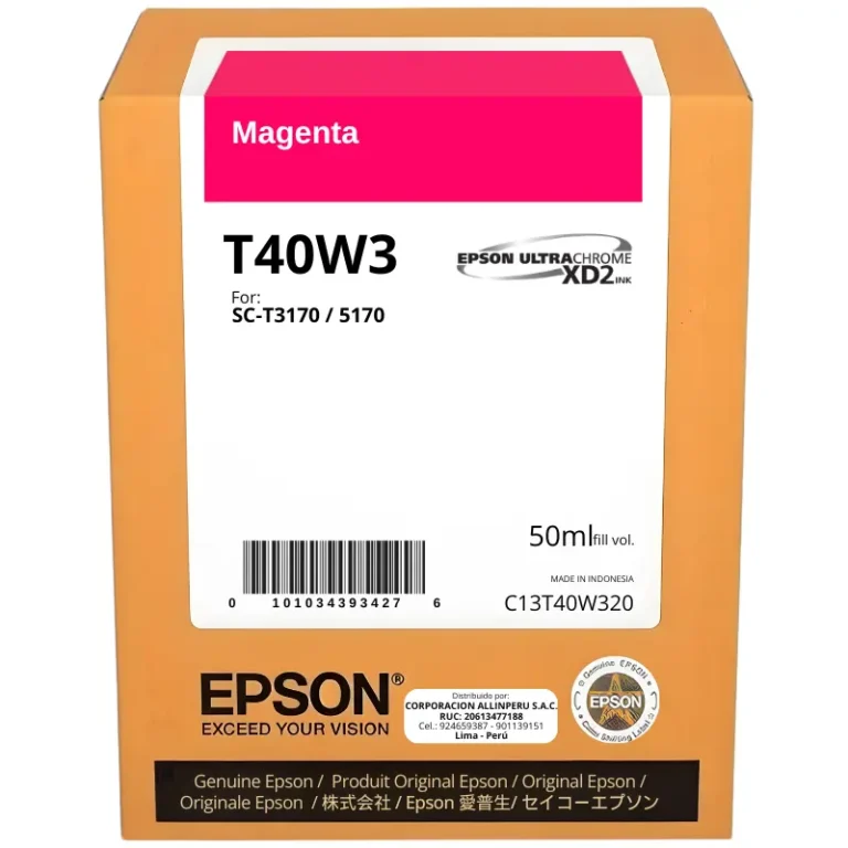 Botella de tinta Epson T40W320 Magenta 50 ml original sellada sobre fondo blanco