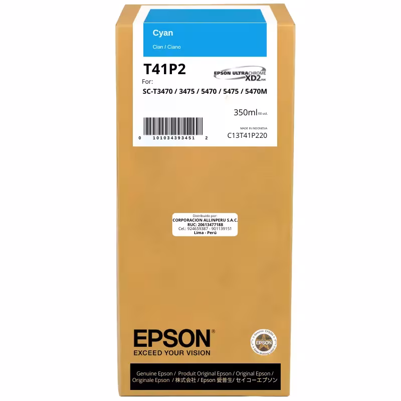 Tinta Epson T41P220 Cyan original 350 ml frente blanco