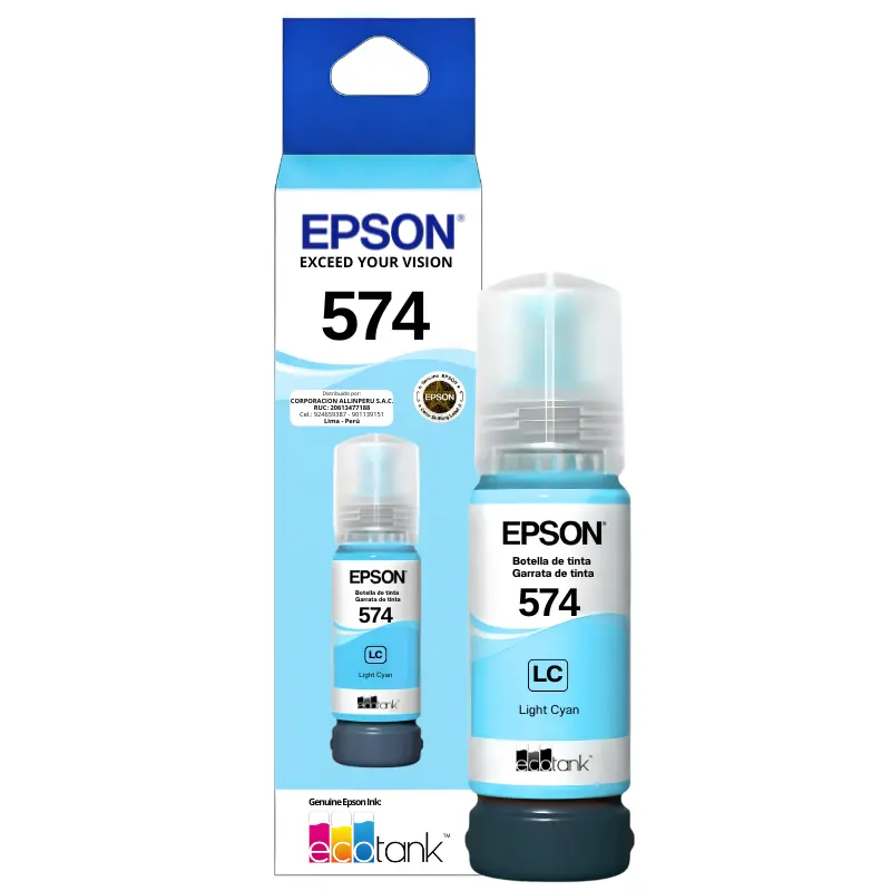 Tinta Epson T574520 Cian Light — Vista frontal del frasco Tinta original Epson T574520 Cian Light 70 ml para EcoTank L8050 y L18050