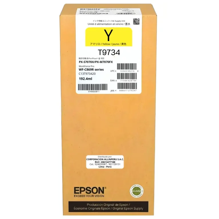 Cartucho tinta Epson T973 Yellow junto a impresora WorkForce Pro WF-C869R