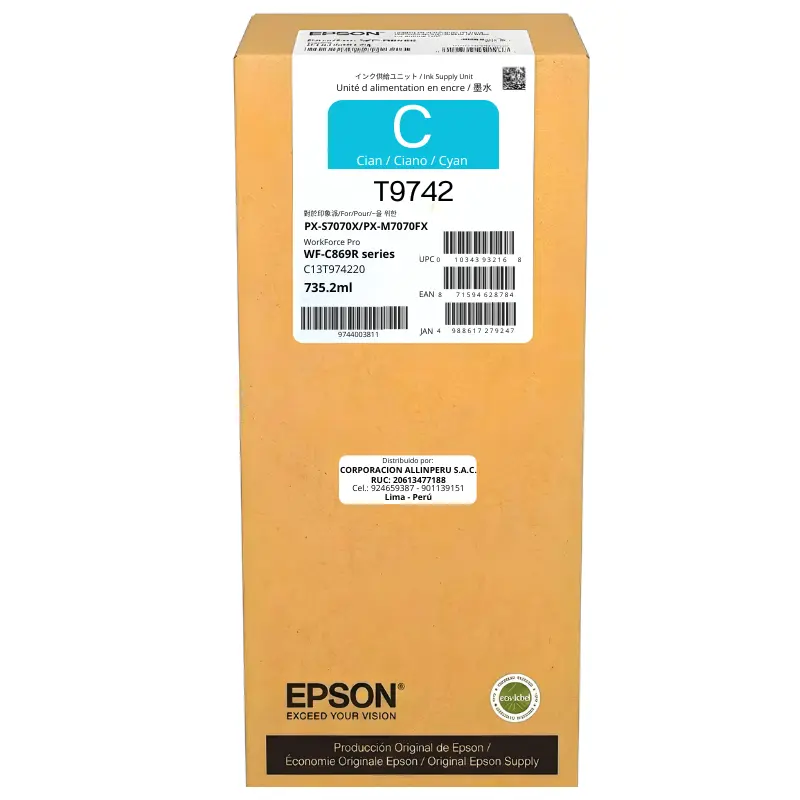 Tinta Epson T974 Cian Extra Alta Capacidad — T974220 Bolsa de tinta cian Epson T974220 original sellada de fábrica