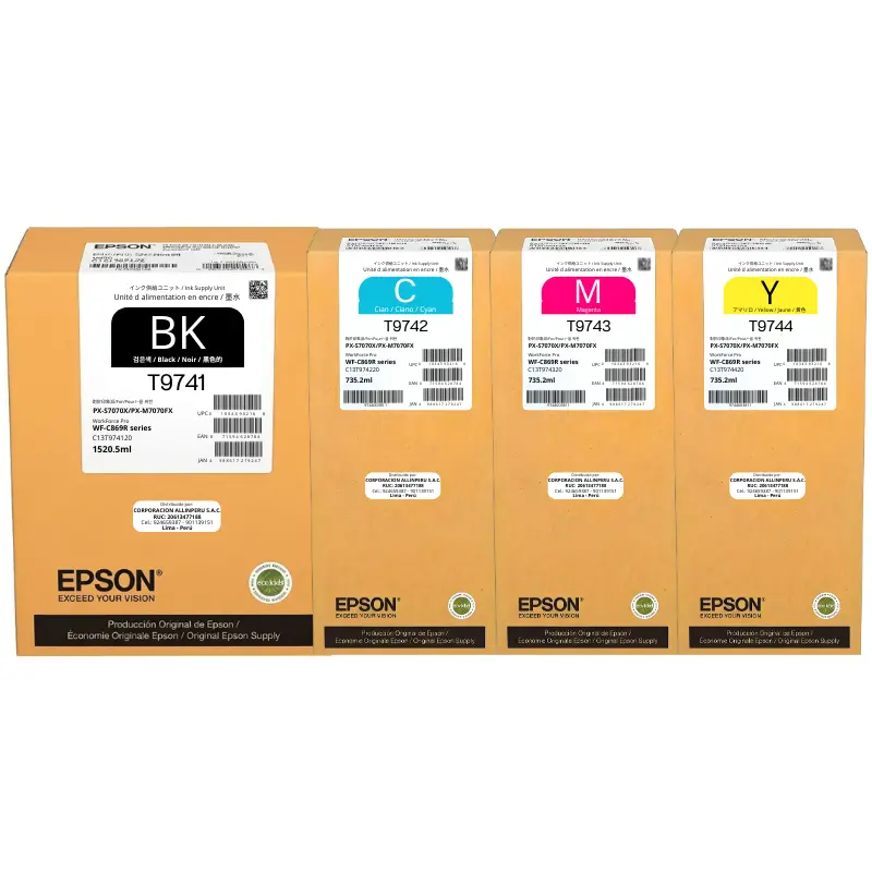 Tinta Epson T974 Pack Completo Original — AllinPerú Cartucho de tinta Epson T974 pack completo negro cian magenta amarillo original sellado