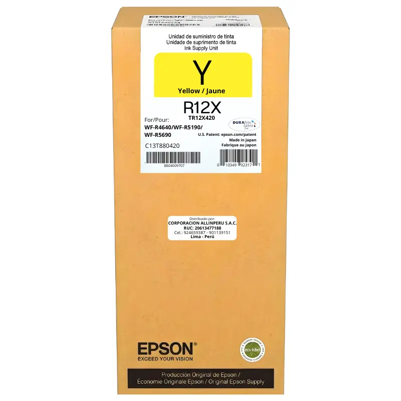 Tinta Epson TR12X420 Yellow Original – Vista frontal Tinta Epson TR12X420 yellow 318 ml original sellada de fábrica