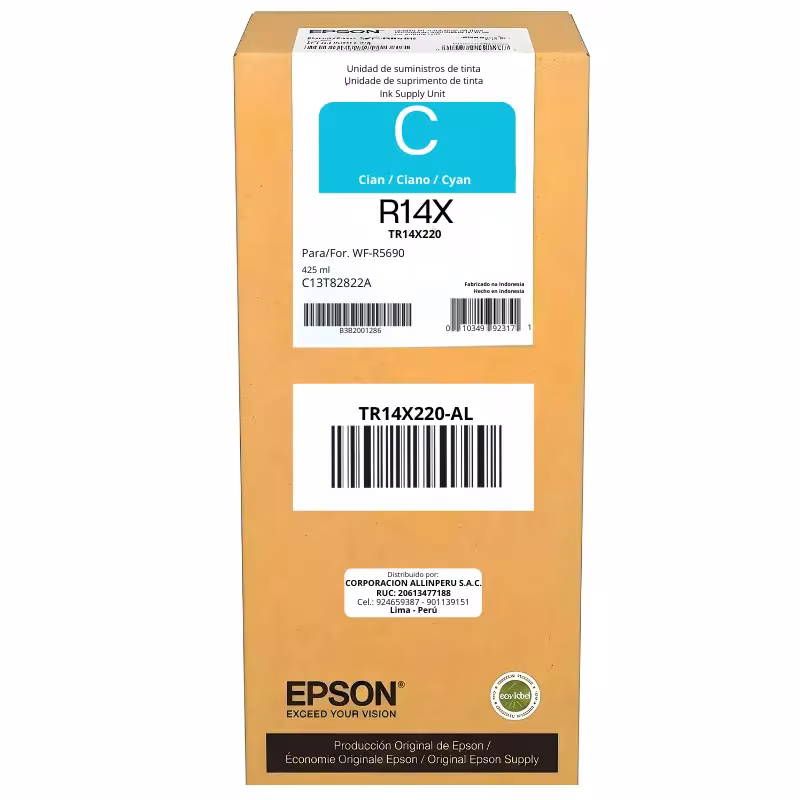 Tinta Epson TR14X220 cyan original sellada de fábrica vista frontal