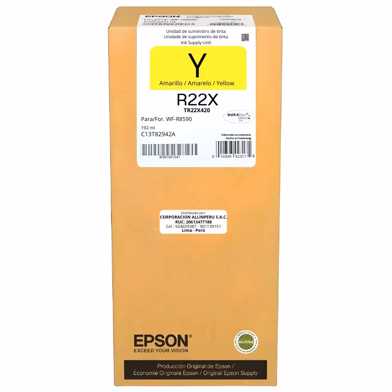 Tinta Epson TR22X420 amarilla original 192 ml frente a fondo blanco