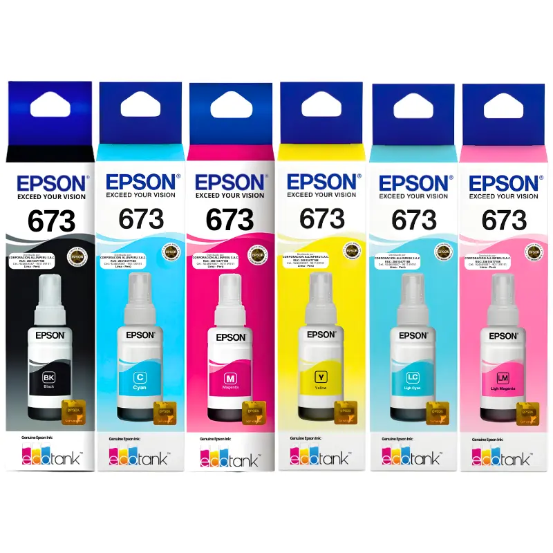 Foto de tintas Epson T673 set 6 colores negro cian magenta amarillo sobre fondo blanco