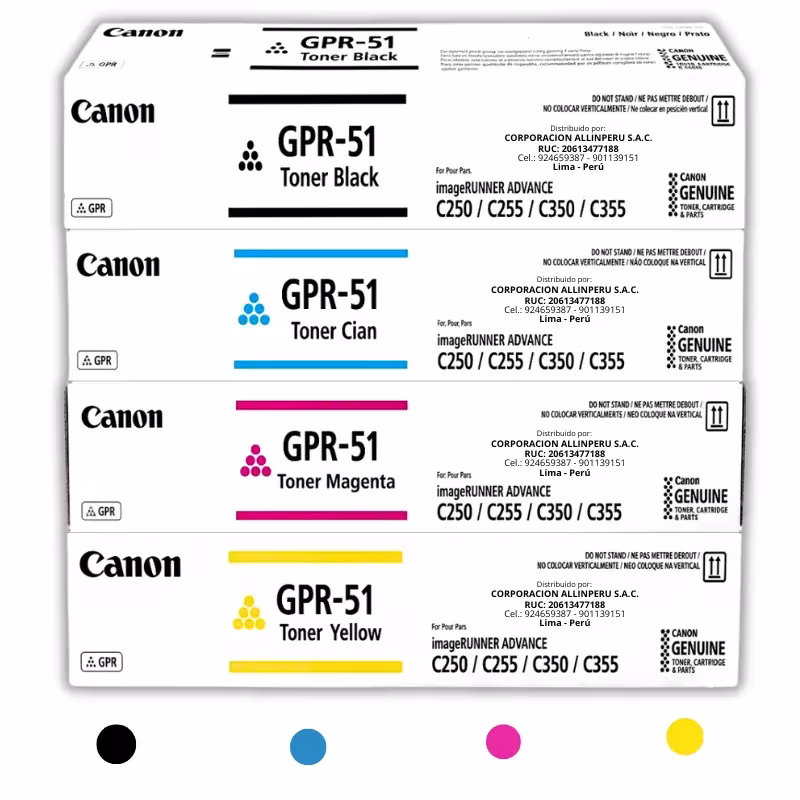 Kit tóner Canon GPR-51 CMYK original cuatro cartuchos sellados vista frontal