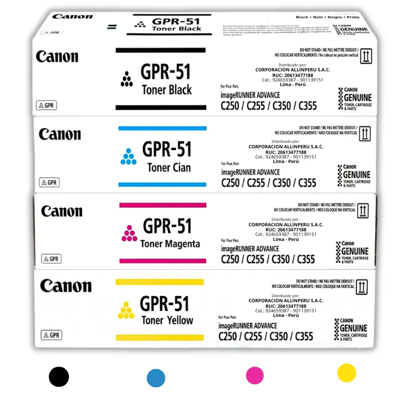 Kit tóner Canon GPR-51 CMYK original cuatro cartuchos sellados vista frontal