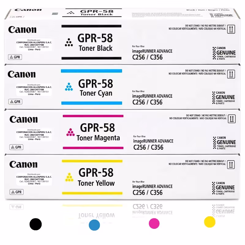 Kit tóner Canon GPR-58 original cuatro colores CMYK sobre fondo blanco