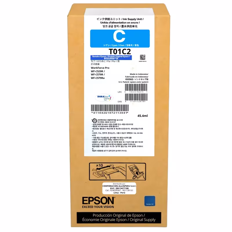 Tinta Epson T01C220 Cyan original DURABrite Ultra 45.4 ml bolsa ink pack sellada