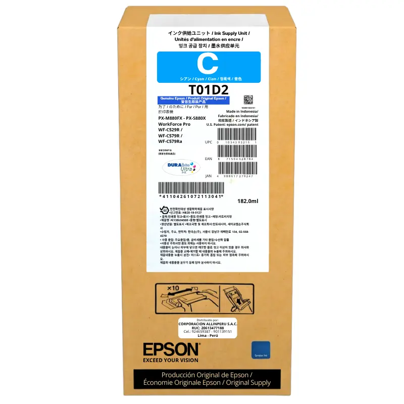 Tinta Epson T01D220 cyan 182 ml original sellada de fábrica