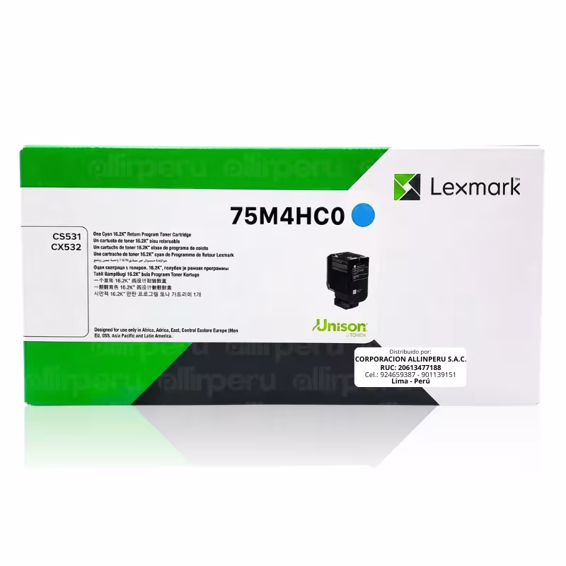 Tóner Lexmark 75M4HC0 Cyan original para CS531dw y CX532adwe