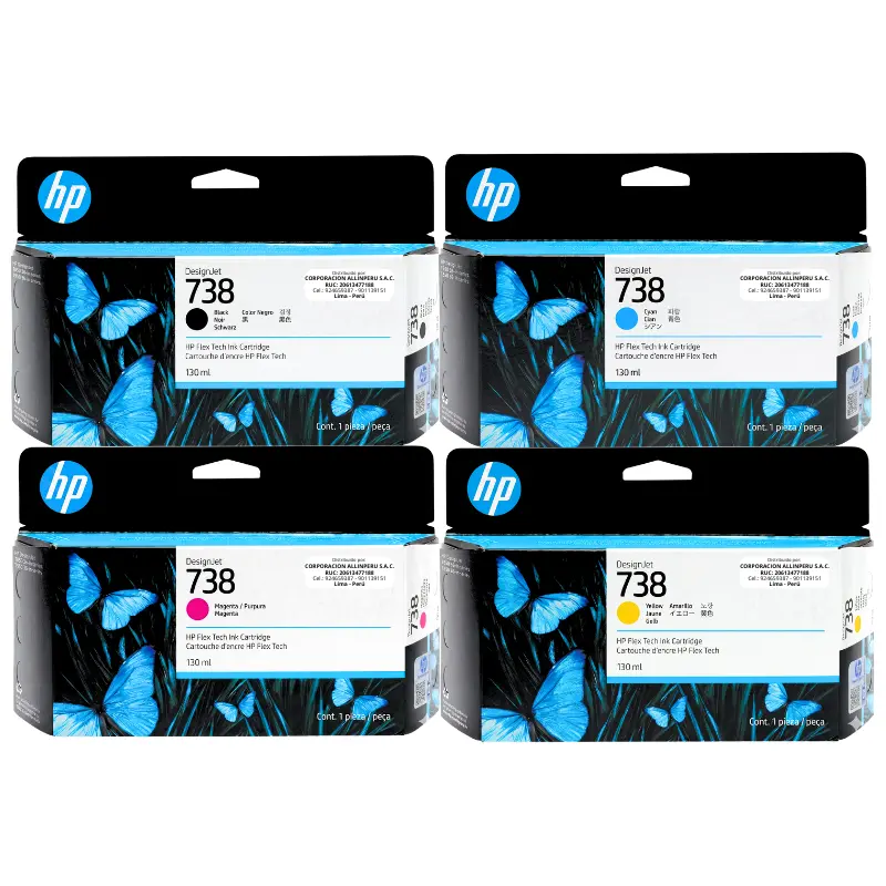 Kit tintas HP 738 130ml cuatro colores negro cyan magenta yellow DesignJet T850