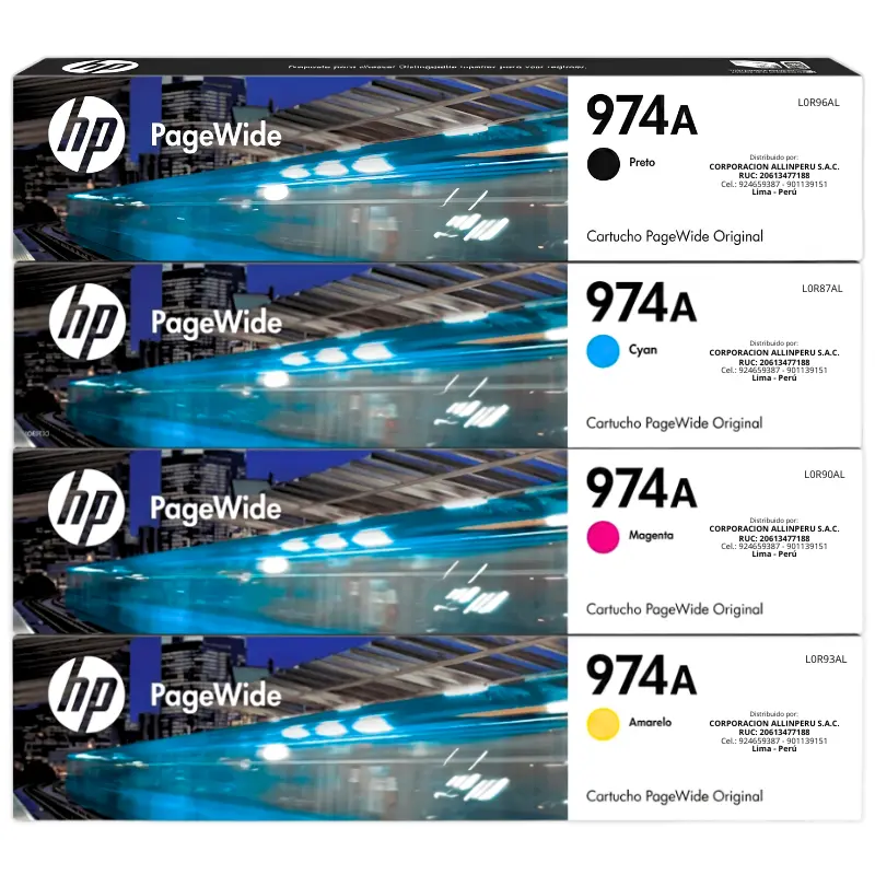 Kit Tinta HP 974A Original Negro Cian Magenta Amarillo Foto de kit tinta HP 974A original cuatro cartuchos CMYK sellados
