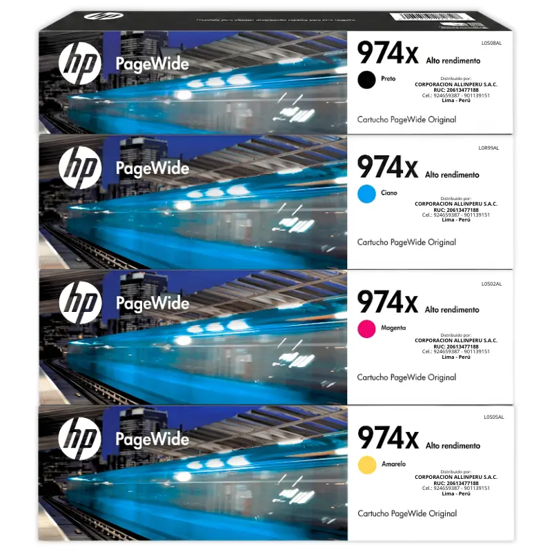 Kit Tinta HP 974X Alta Capacidad Negro Cian Magenta Amarillo Foto de kit tinta HP 974X alta capacidad cuatro cartuchos CMYK