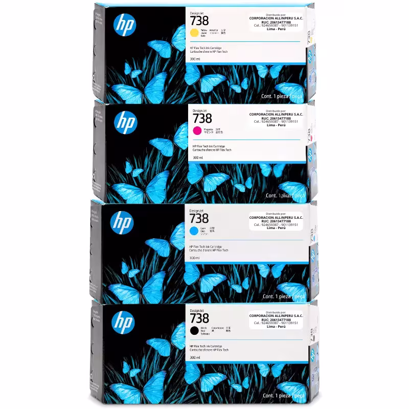 Pack tinta HP 738 CMYK 4 cartuchos 300ml DesignJet T850 T950 - vista frontal