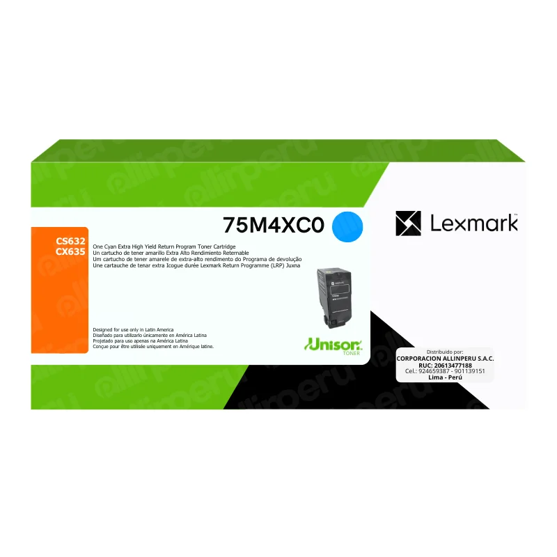 Tóner Lexmark 75M4XC0 Cyan original para CS632 CX635 vista frontal