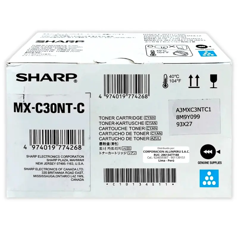Tóner Sharp MX-C30NTC Cian Original Tóner Sharp MX-C30NTC Cian original caja sellada vista frontal