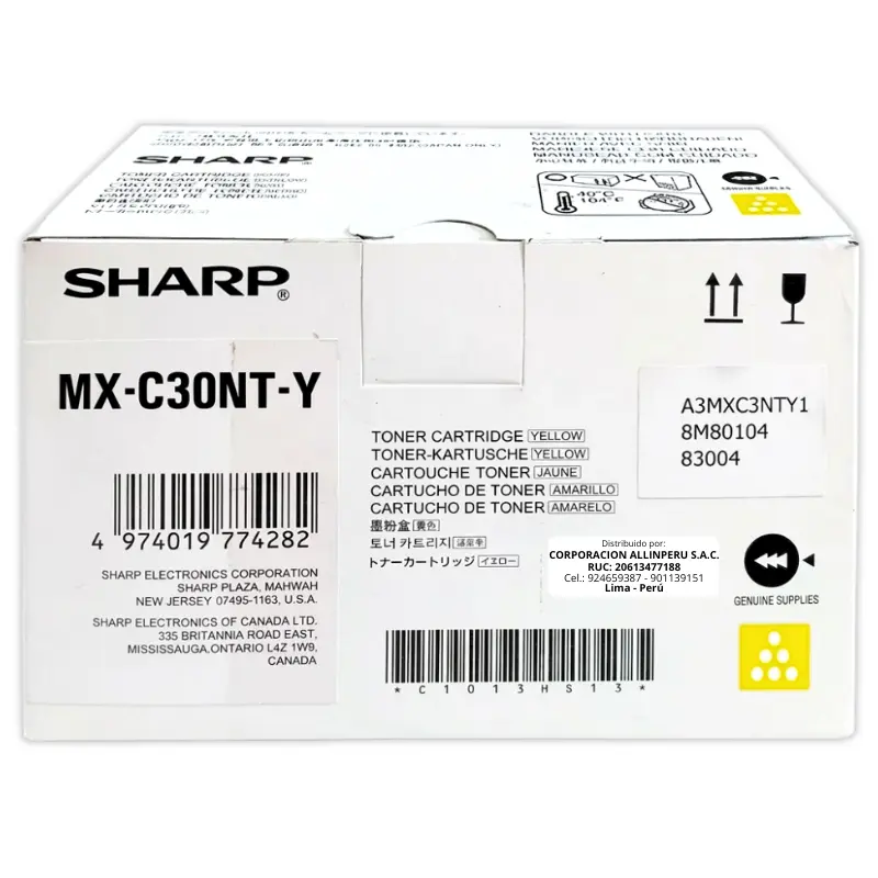 Tóner Sharp MX-C30NTY Amarillo Original Tóner Sharp MX-C30NTY Amarillo original caja sellada vista frontal