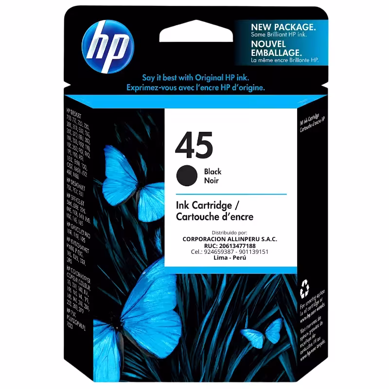 Tinta HP 45 negro 51645AL original vista frontal del cartucho