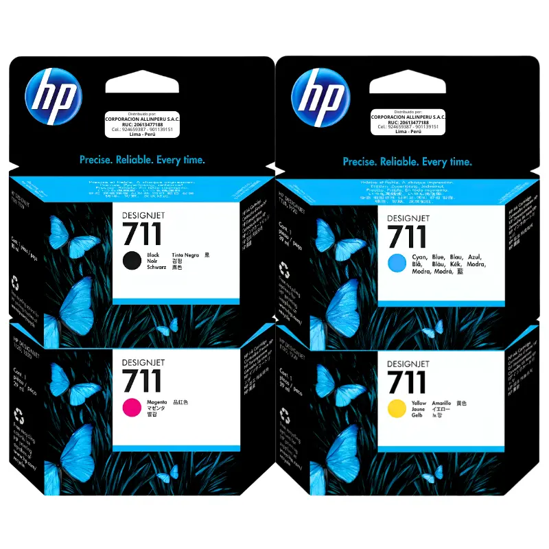 Kit Tinta HP 711 4 Colores CMYK Foto de kit tinta HP 711 4 colores con cartuchos negro, cian, magenta y amarillo