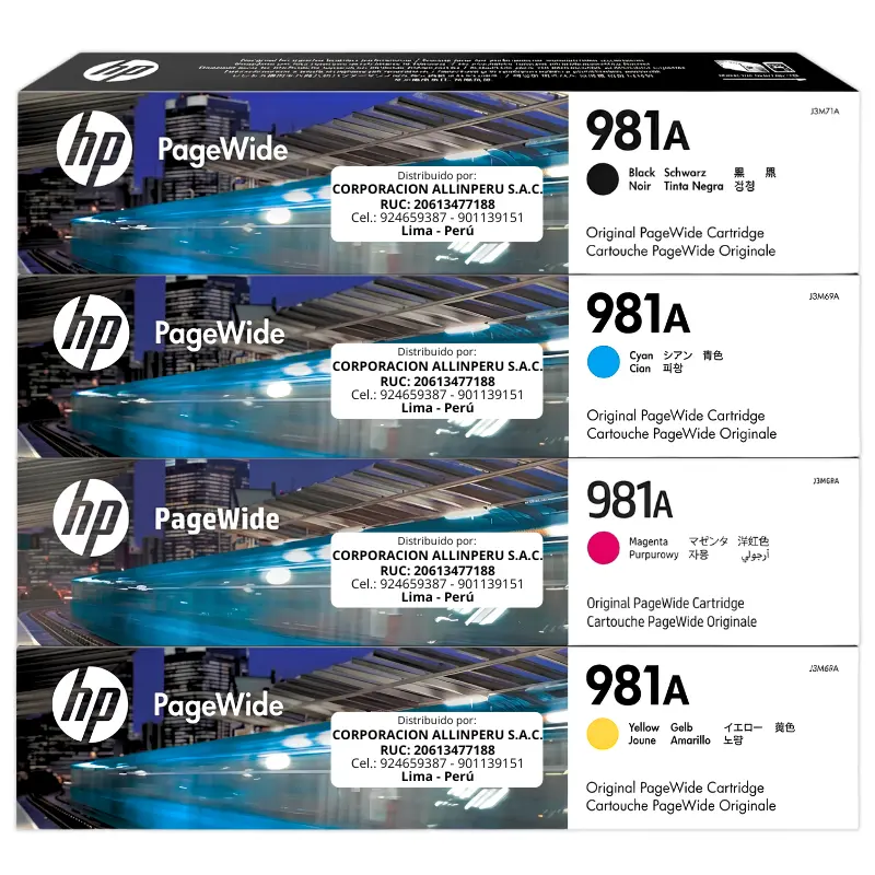 Kit Tinta HP 981A 4 Colores — Frontal Kit tinta HP 981A 4 colores original vista frontal de los 4 cartuchos