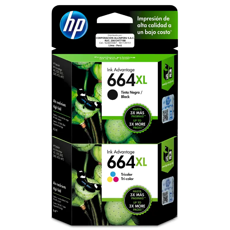 Pack HP 664XL Negro y Tricolor Pack tinta HP 664XL Negro F6V31AL y Tricolor F6V30AL vista frontal