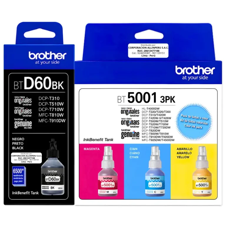 Pack tinta Brother BT5001 y BTD60BK 4 colores original